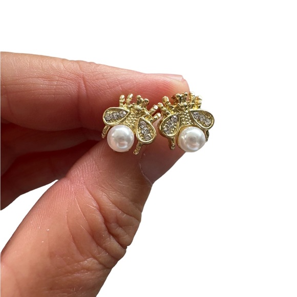 Gold Bumblebee Stud Earrings with Faux Pearl - Picture 6 of 8
